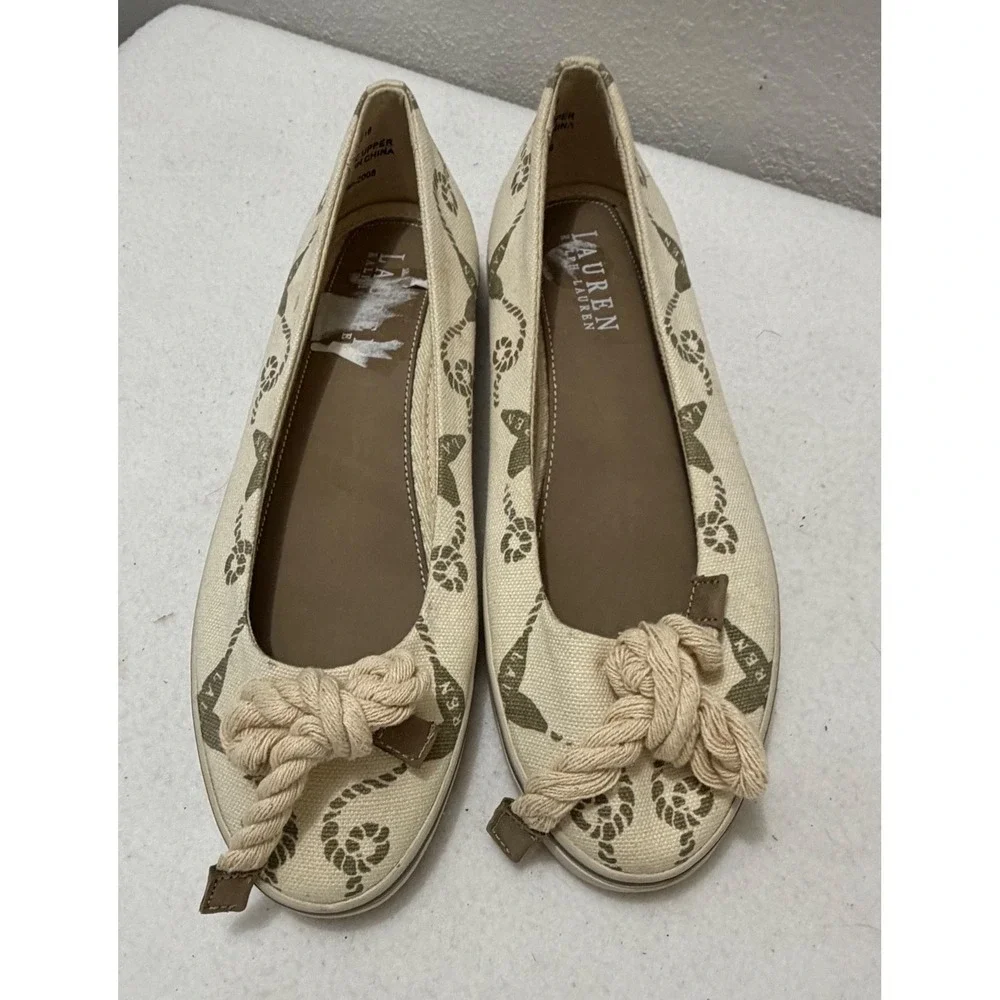 Lauren Ralph Lauren Emilia Y2K Nautical Canvas Ballet Flats Cream Olive Size 7B